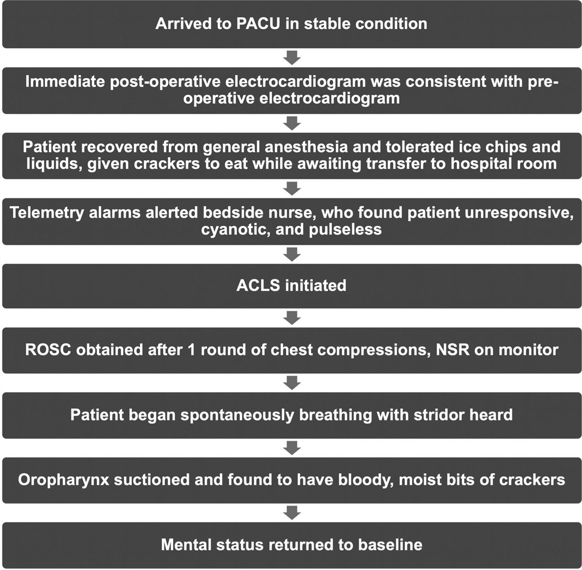 Hypoxemic Cardiac Arrest from Aspiration of a Cracker in the Postanesthesia Care Unit: A Case Report