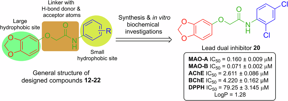 Design, synthesis and evaluation of sesamol-derived acetamides as dual inhibitors of monoamine oxidases and cholinesterases