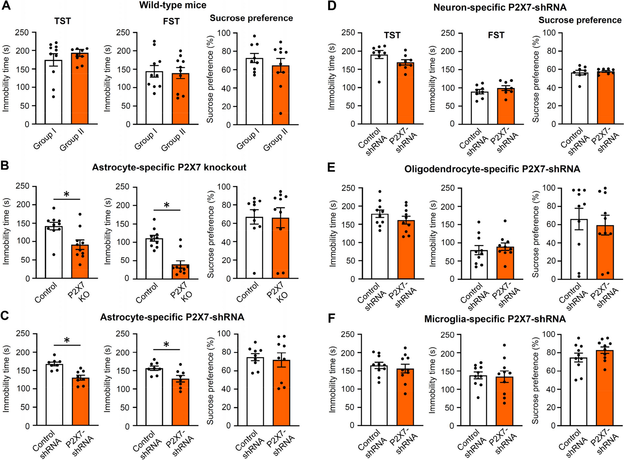 Astrocytic P2X7 receptor regulates depressive-like behavioral reactions of mice in response to acute stressful stimulation