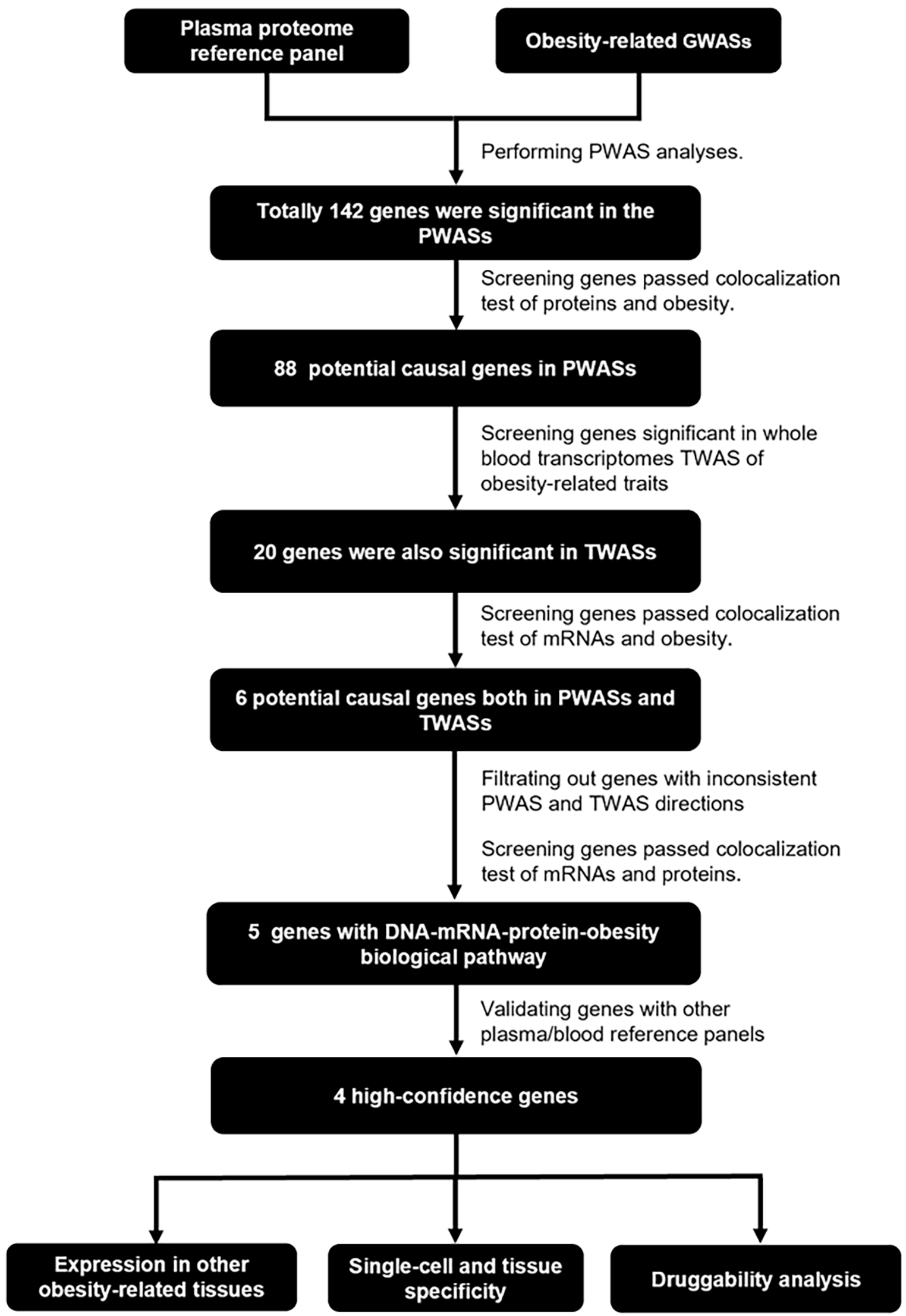 Integrative analysis of transcriptome and proteome wide association studies prioritized functional genes for obesity