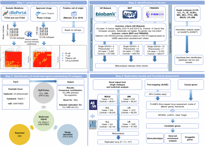 Clustering of lymphoid neoplasms by cell of origin, somatic mutation and drug usage profiles: a multi-trait genome-wide association study