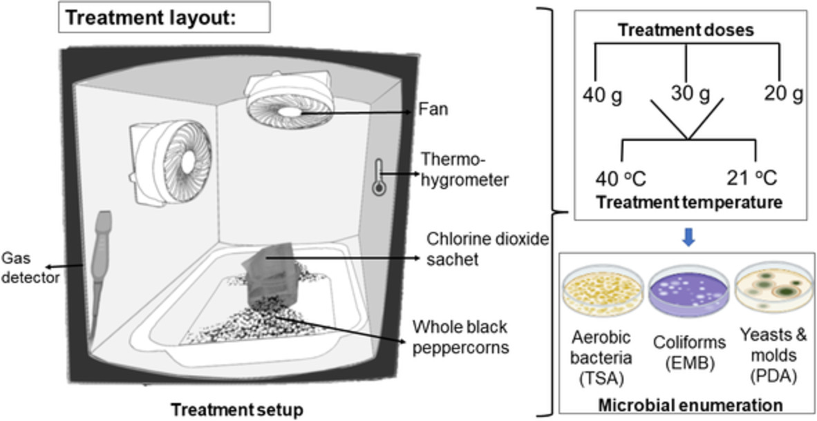 Gaseous chlorine dioxide inactivation of microbial contamination on whole black peppercorns