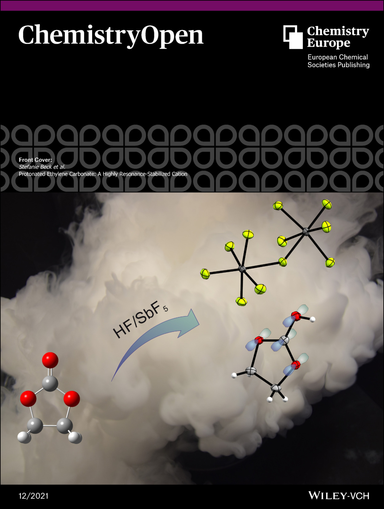 Front Cover: Protonated Ethylene Carbonate: A Highly Resonance‐Stabilized Cation (ChemistryOpen 12/2021)