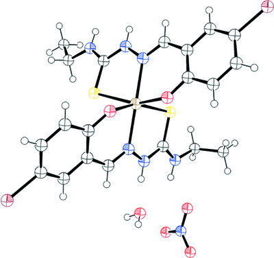 FeIII in a high‐spin state in bis(5‐bromosalicylaldehyde 4‐ethylthiosemicarbazonato‐κ3O,N1,S)ferrate(III) nitrate monohydrate, the first example of such a cationic FeIII complex unit